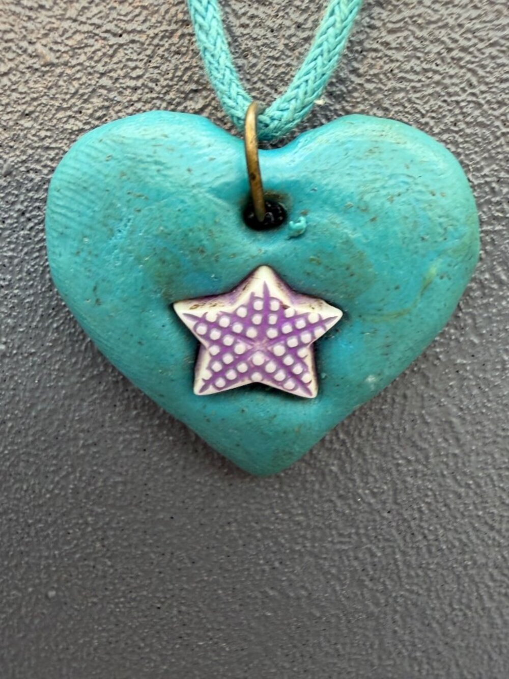 Heart Pendant Necklace 28 In Turquoise Blue Cord Purple Starfish Handmade Beachy